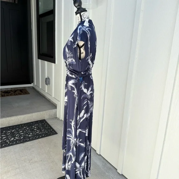 Soma Serenity Maxi Dress Navy Floral Print L Built-in Bra Cool Touch Pockets - Picture 15 of 15